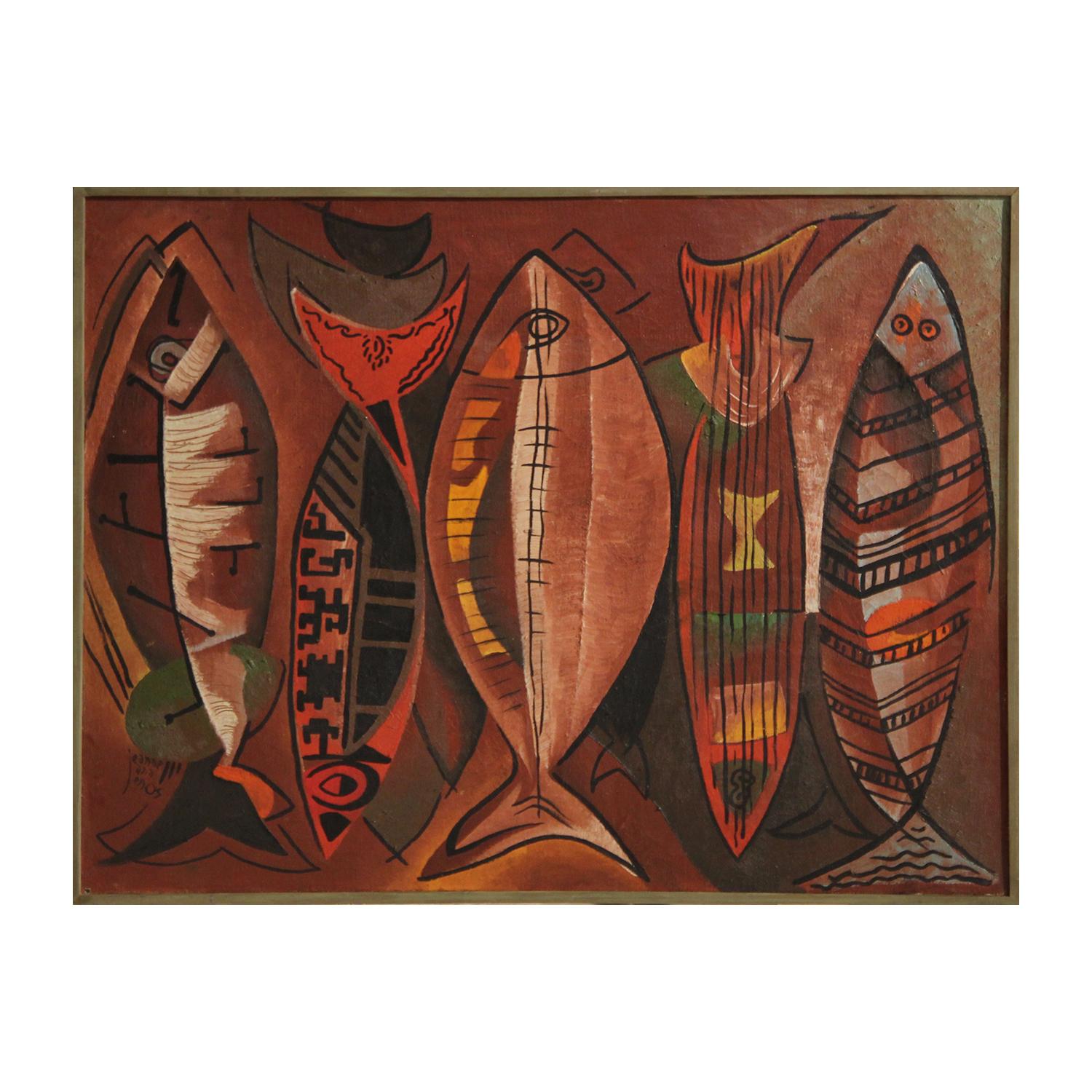 Jeanne Ann Enos Animal Painting - Red Cubist Style Tribal Fish Abstract Painting
