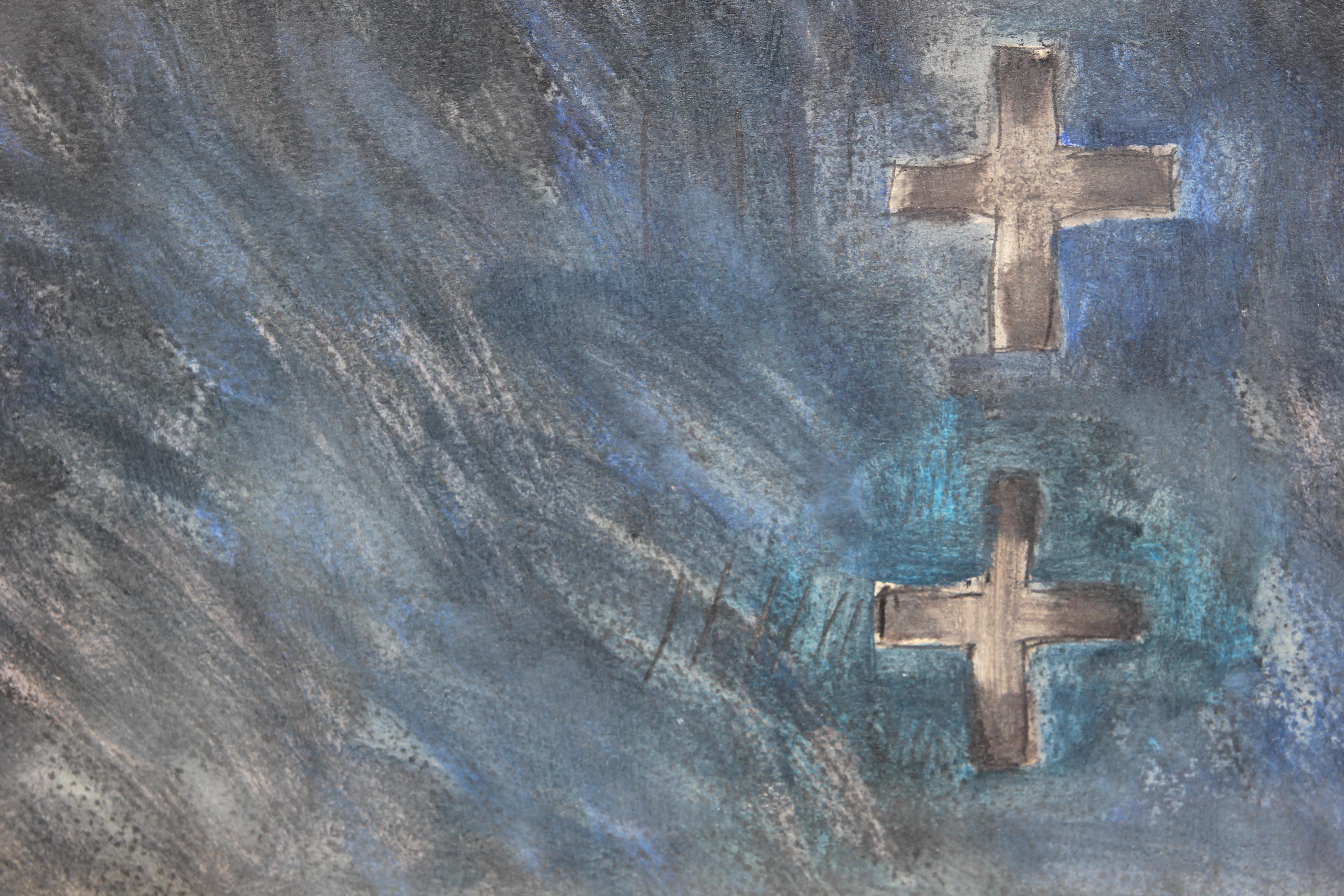 Moderne moderne abstrakte Aquarell-Landschaft mit blauem Kreuz (Grau), Abstract Painting, von Peter Keefer