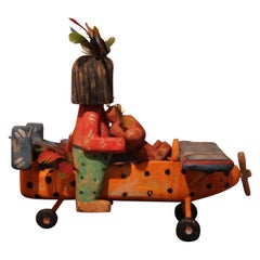Folk Figurative Hand Painted Sculpture with Feathers