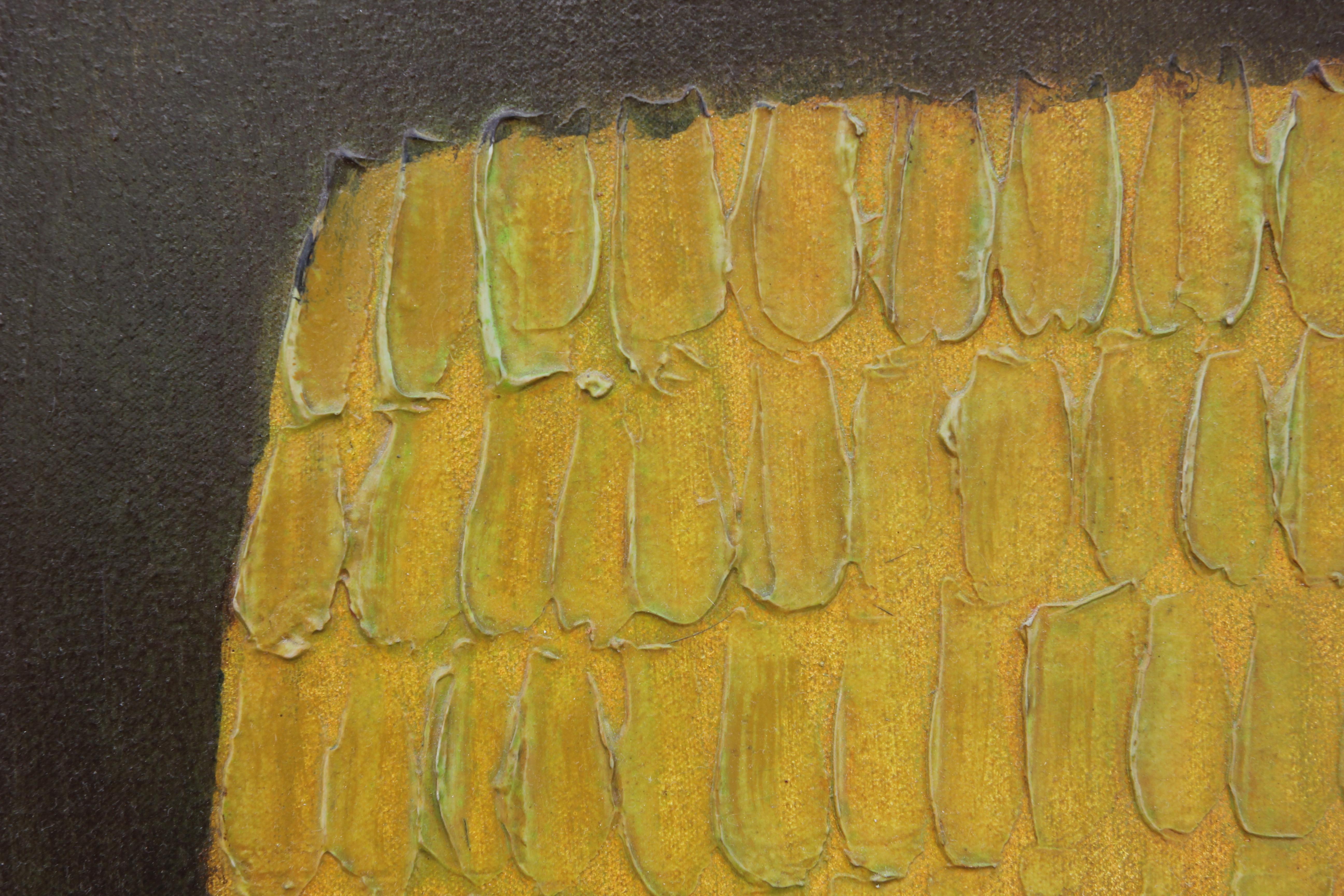 Minimal yellow tonal landscape painted of a tree with a thick layer of textured paint to imply leaves. The painting is signed and dated by Houston, Texas artist Bruce Monical and is framed in a wooden frame.
Dimensions without frame: H 30 in x W 24