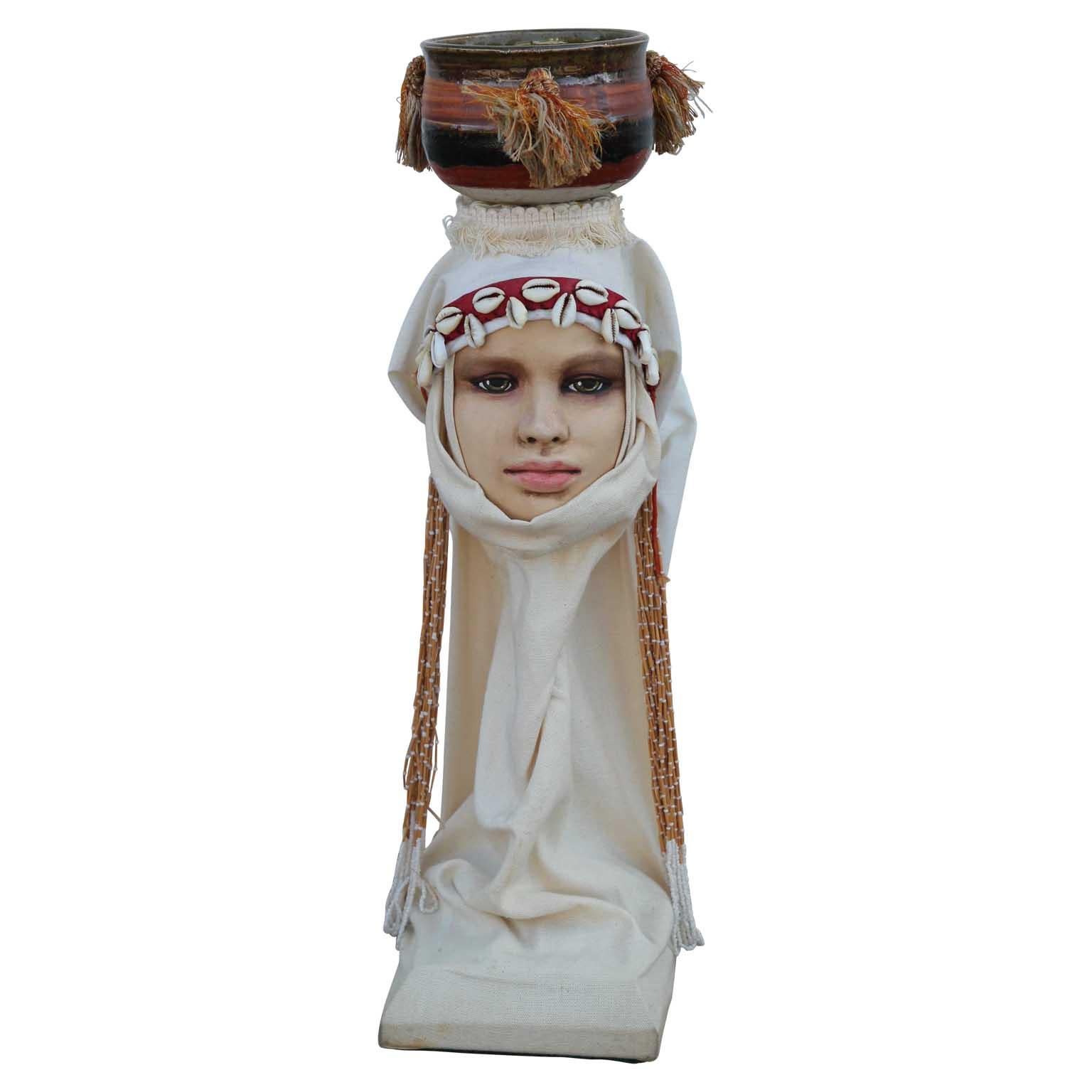 Wesley F. Walberg Figurative Sculpture - Mixed Media Sculpture of Female with Ceramic Pot on Head 