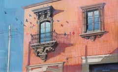 "San Miguel" Blue Birds flying outside of a Balcony