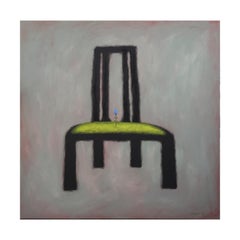 Large Abstract Grey-Toned Painting of Black and Green Chair with Blue Flower