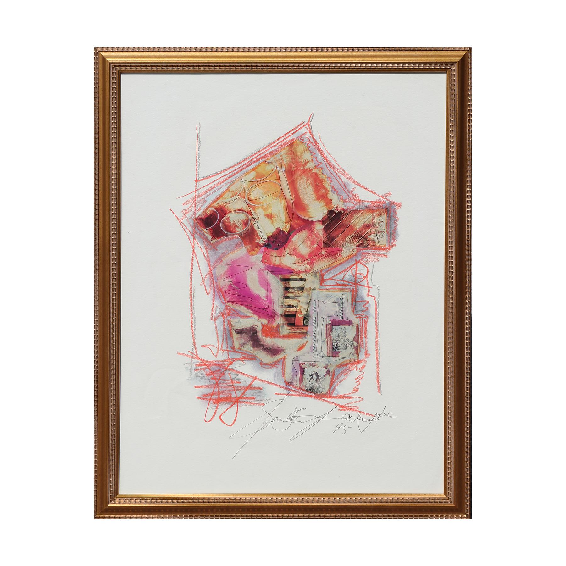 Unknown Landscape Art - Warm Toned Pink and Orange Mixed Media Abstract Landscape Scene of an Art Market