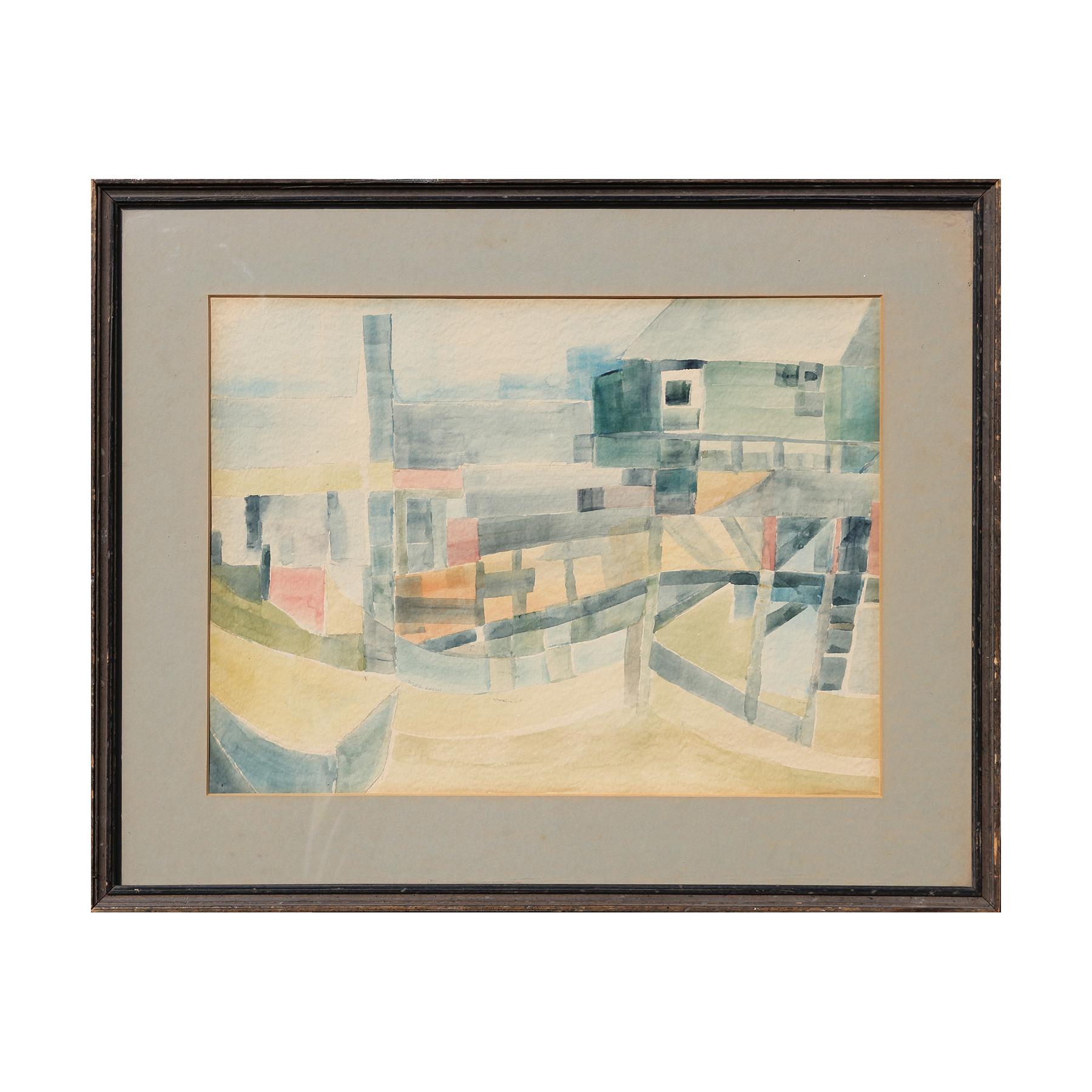 Unknown Abstract Drawing - Early 1940s Abstract Cubist Watercolor Boat Dock Landscape by Female Artist  