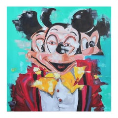 Abstract Contemporary Teal, Red, and Yellow “Mickey” Mouse Painting