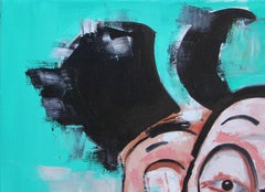 Abstraktes zeitgenössisches Gemälde in Teal:: Rot und Gelb "Mickey" Maus