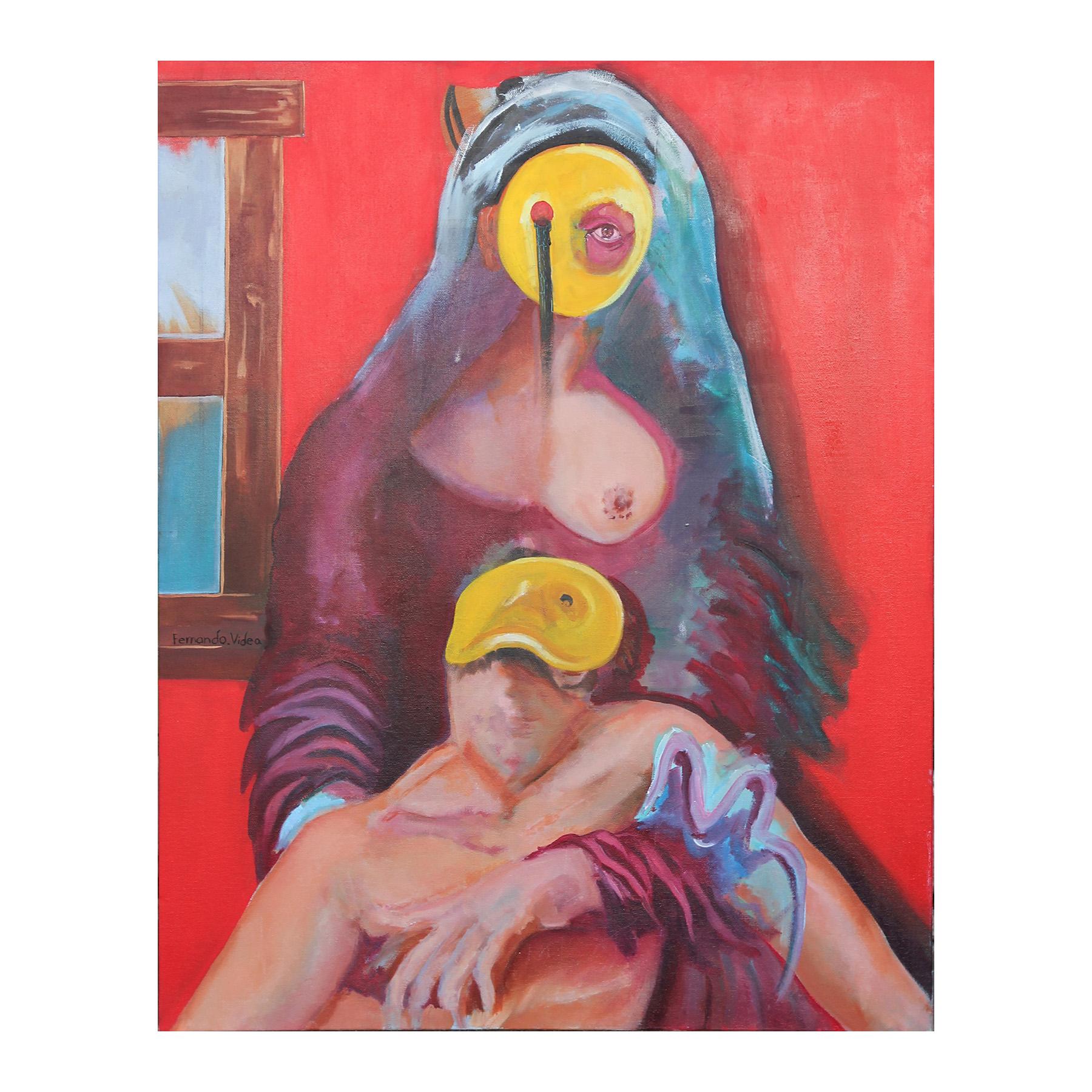 Untitled Abstract Contemporary Yellow & Red Toned Masked Pieta Inspired Painting