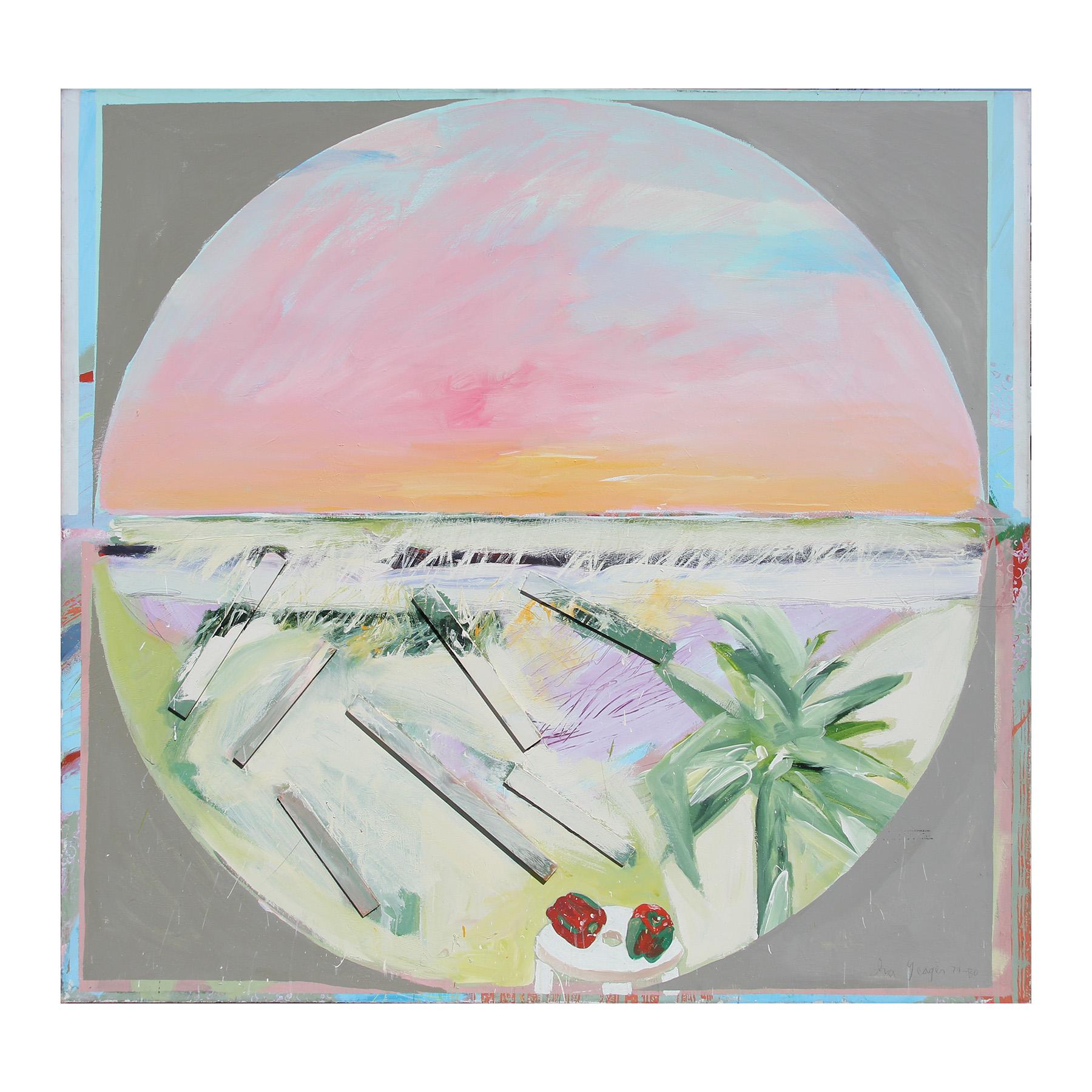 Ira Yeager Abstract Painting - Large Modern Abstract Pastel Beach Circle Landscape Mixed Media Painting