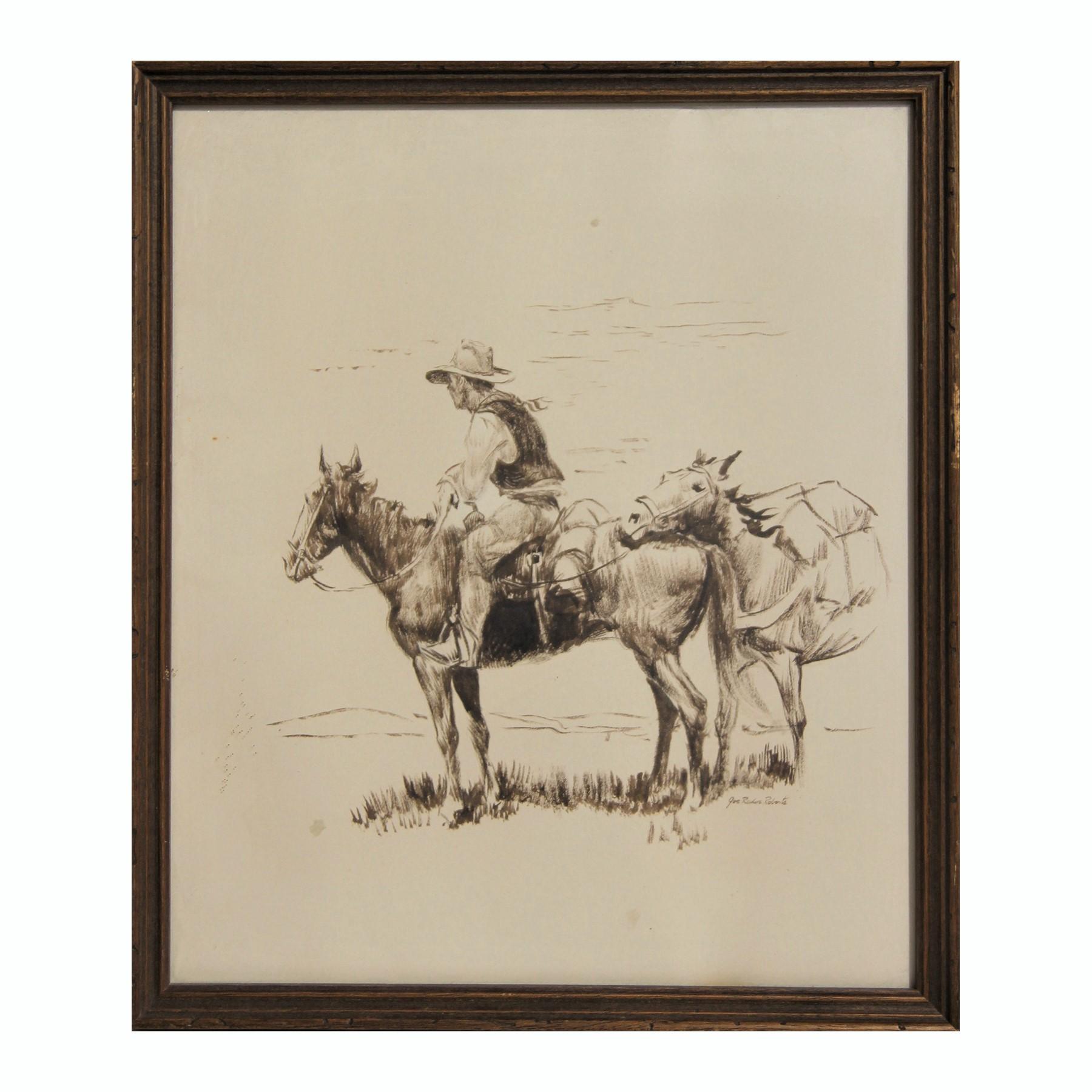 Joe Radar Roberts  Animal Art - Monochromatic Brown Toned Western Portrait Drawing of a Cowboy and Two Horses 