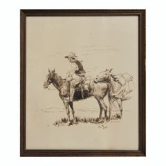 Monochromatic Brown Toned Western Portrait Drawing of a Cowboy and Two Horses 