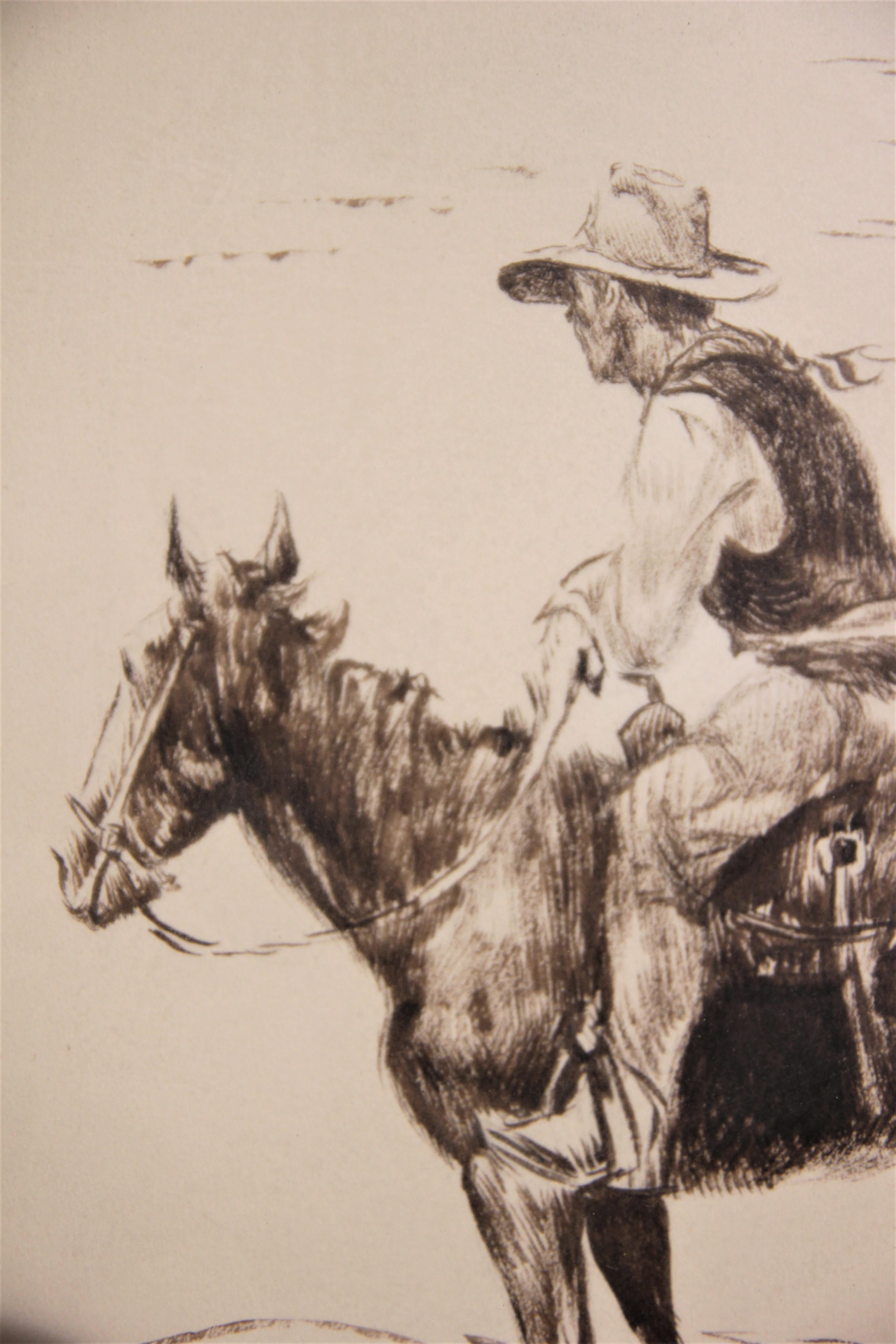 Monochromatic Brown Toned Western Portrait Drawing of a Cowboy and Two Horses  - Art by Joe Radar Roberts 