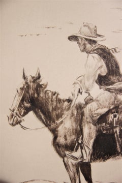 Monochromatic Brown Toned Western Portrait Drawing of a Cowboy and Two Horses