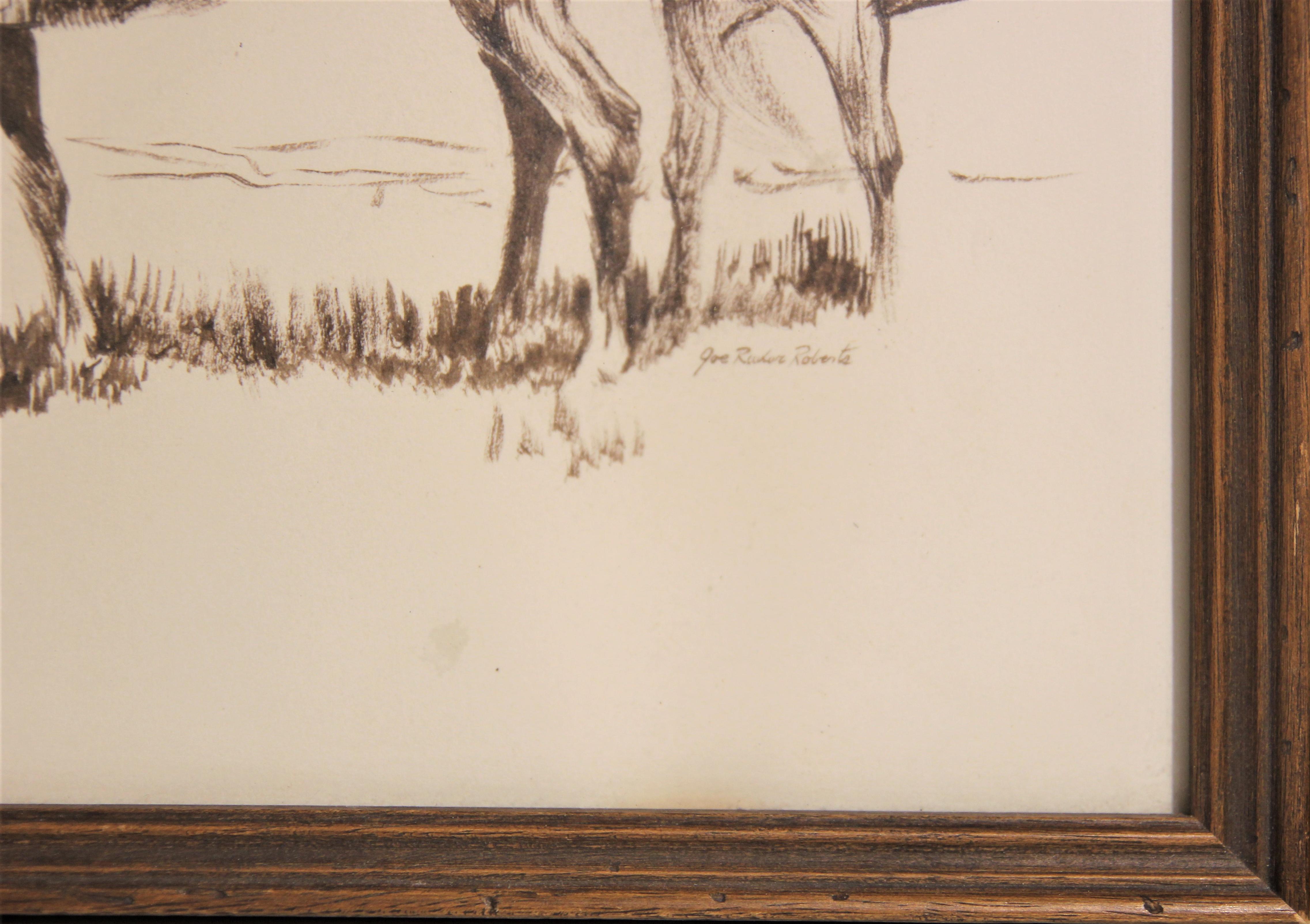 Monochromatic Brown Toned Western Portrait Drawing of a Cowboy and Two Horses  - Naturalistic Art by Joe Radar Roberts 