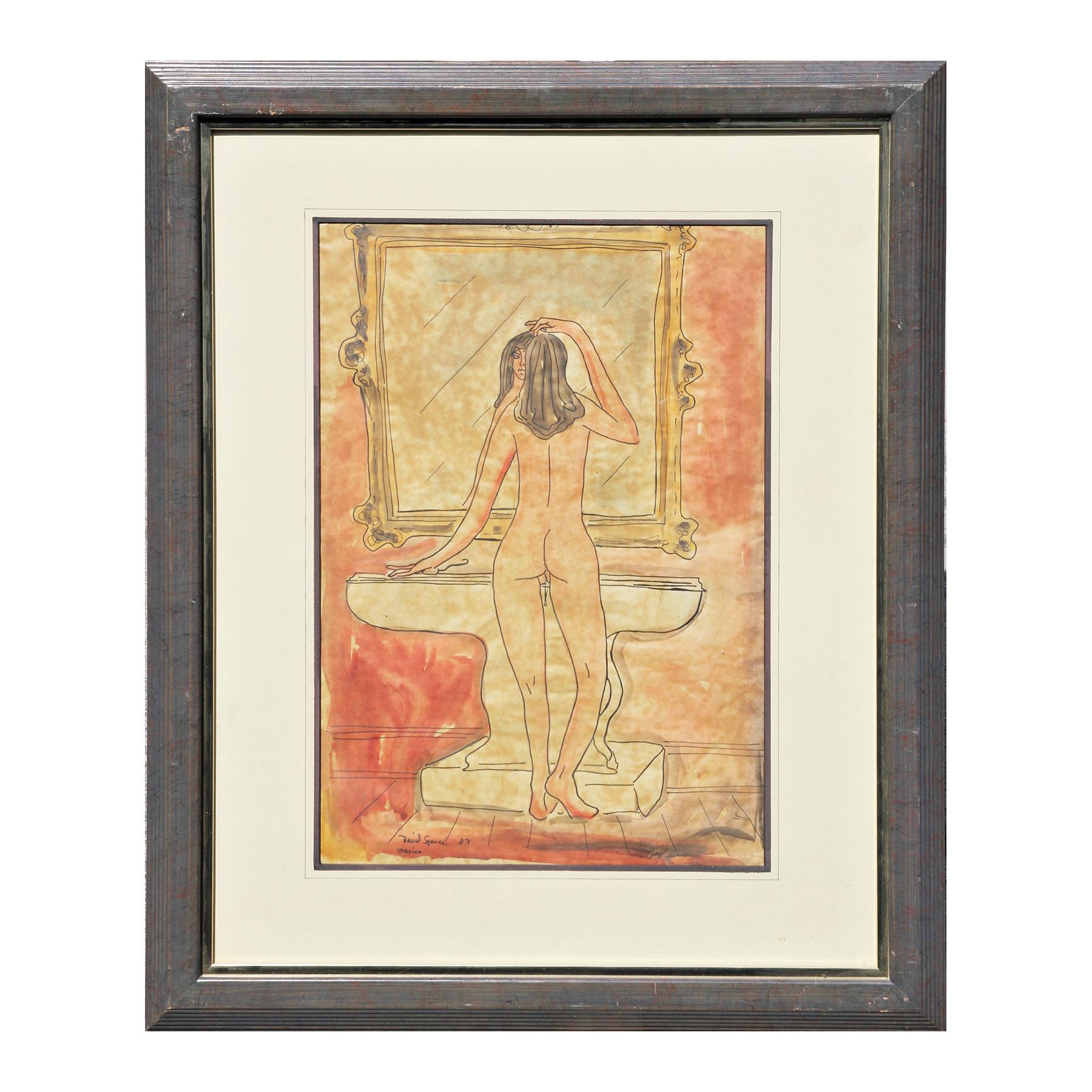 David Spence Figurative Art - Orange Toned Modern Abstract Nude Female Bather Watercolor Painting