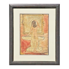 Orange Toned Modern Abstract Nude Female Bather Watercolor Painting