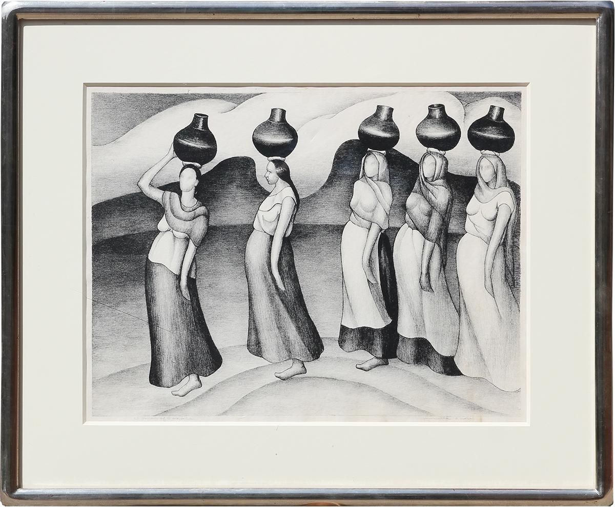 Henrietta Shore Abstract Drawing - "Women of Oaxaca" Medium Sized Grayscale Abstract Figurative Lithograph