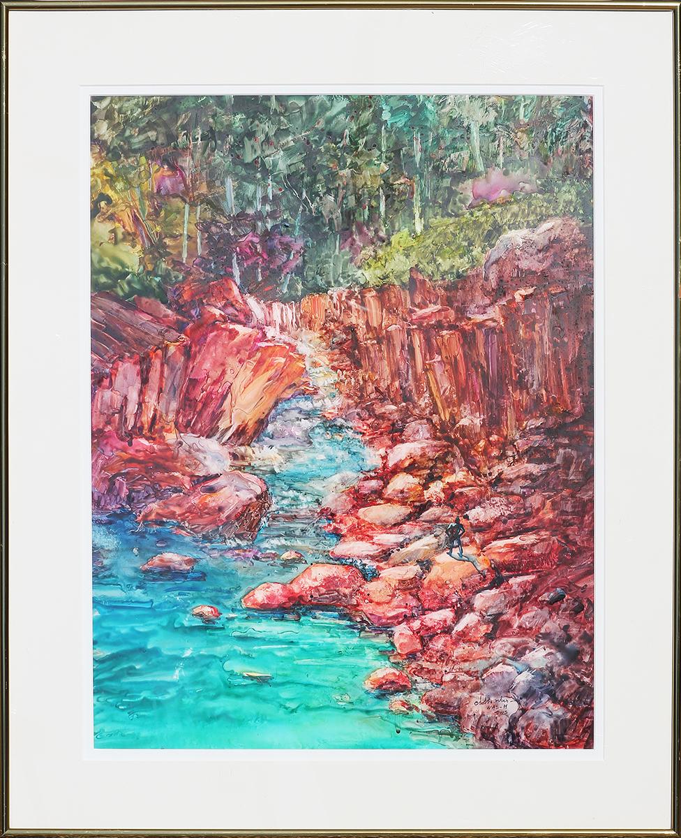 Odette Ruben Landscape Art - “Its Glorious Kingdom” Orange and Teal Toned Watercolor Landscape of a Stream