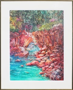 Vintage “Its Glorious Kingdom” Orange and Teal Toned Watercolor Landscape of a Stream