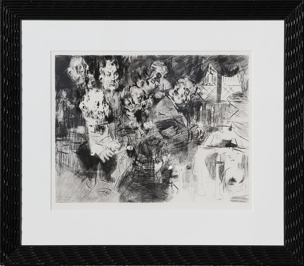 Jack Levine Figurative Art - "Gangster's Funeral" Black and White Abstract Figurative Etching on Paper 