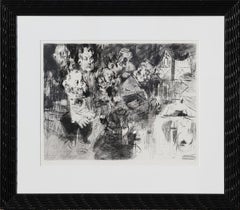 "Gangster's Funeral" Black and White Abstract Figurative Etching on Paper 