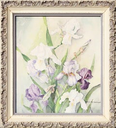 Small White and Purple Modernist Floral Still Life Irises Watercolor Painting