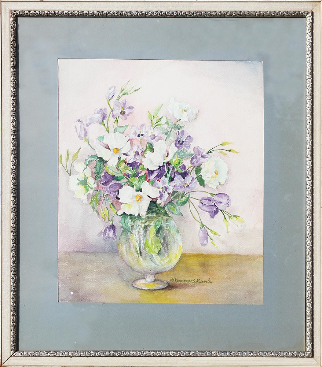 Helen McClelland Abstract Drawing - Small White and Purple Modernist Floral Still Life Irises Watercolor Painting 