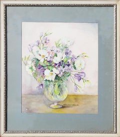 Vintage Small White and Purple Modernist Floral Still Life Irises Watercolor Painting 