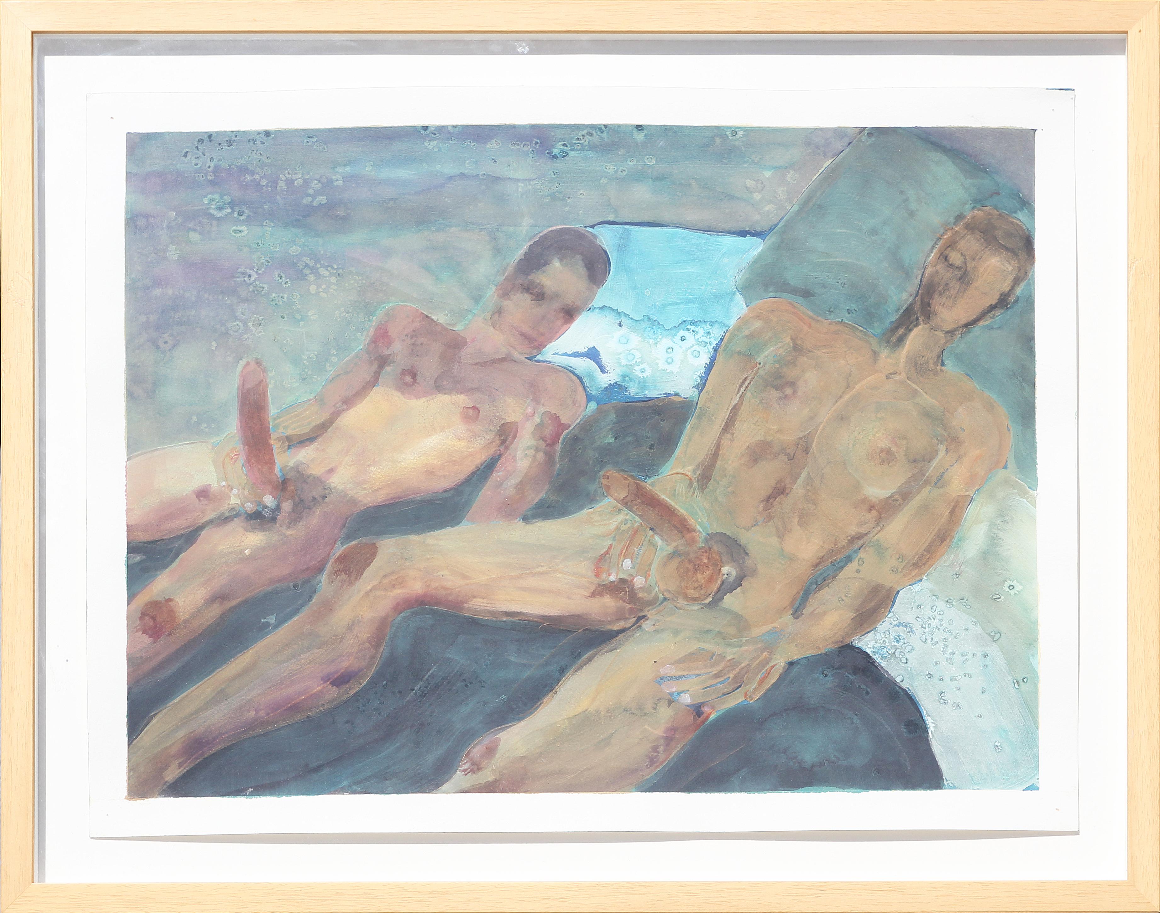 „Boys on Blue Bed II“ Dunkelblau getöntes, ungewöhnliches homoerotisches, figuratives Aquarell 