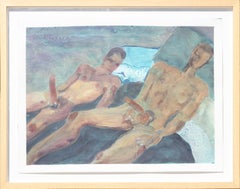 "Boys on Blue Bed II" Dark Blue Toned Sensual Homoerotic Figurative Watercolor 