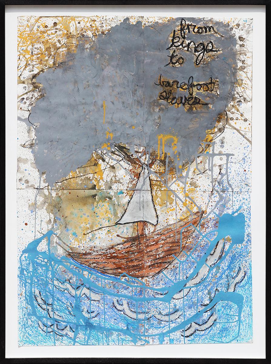J. Paul Jackson Abstract Drawing – Abstraktes zeitgenössisches blaues, graues und gelbes abstraktes Meereslandschaftsgemälde 