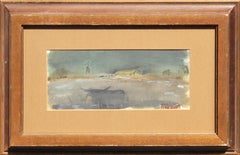 Antique Texas Naturalistic Pastoral Farm Landscape of Longhorn Cattle and Windmill 