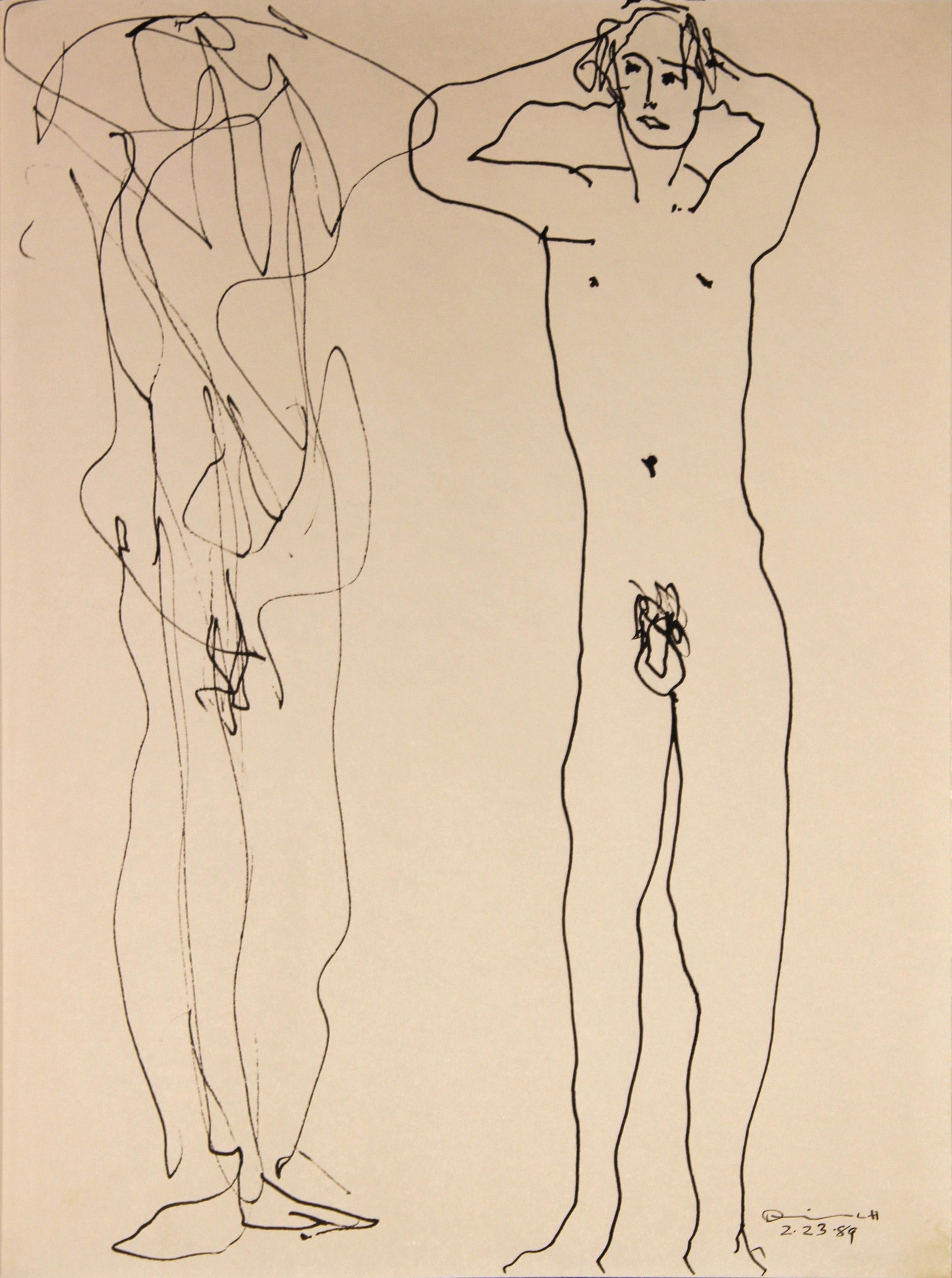 Modern Abstract Black Ink Line Drawing of a Pair of Standing Male Nudes - Art by Frank Dolejska