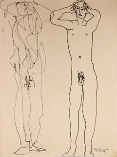 Modern Abstract Black Ink Line Drawing of a Pair of Standing Male Nudes