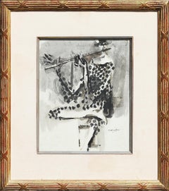 "Flutist" Black and White Abstract Figurative Painting of a Woman with Flute