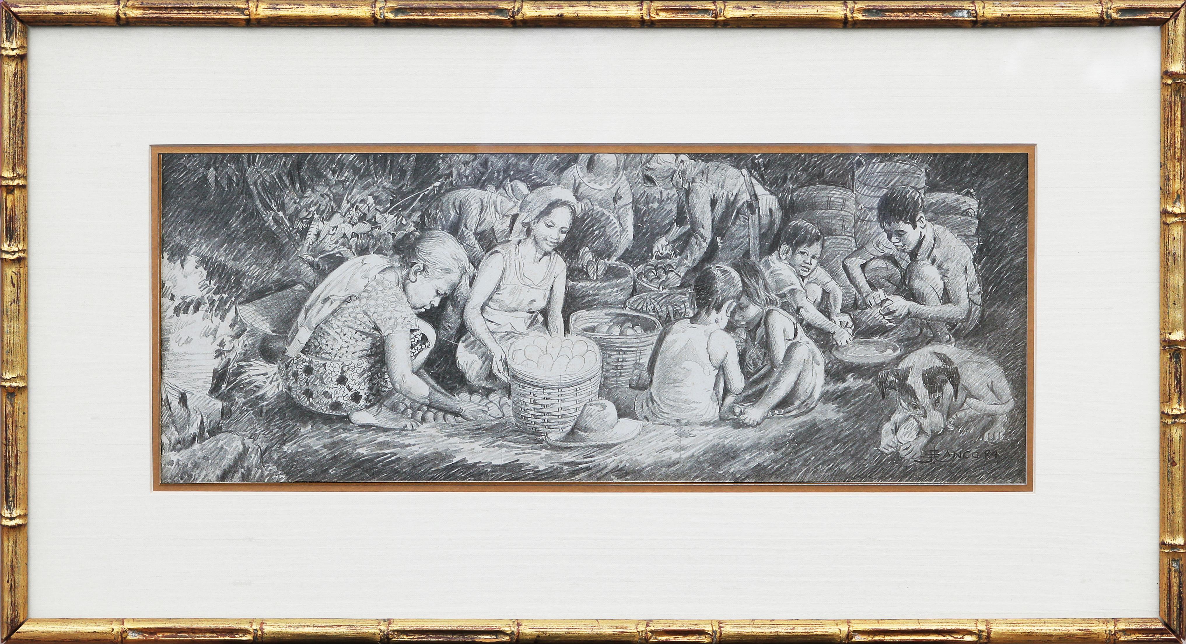 Jose V. Blanco Figurative Art - Filipino Women and Children in a Pastoral Scene Drawing