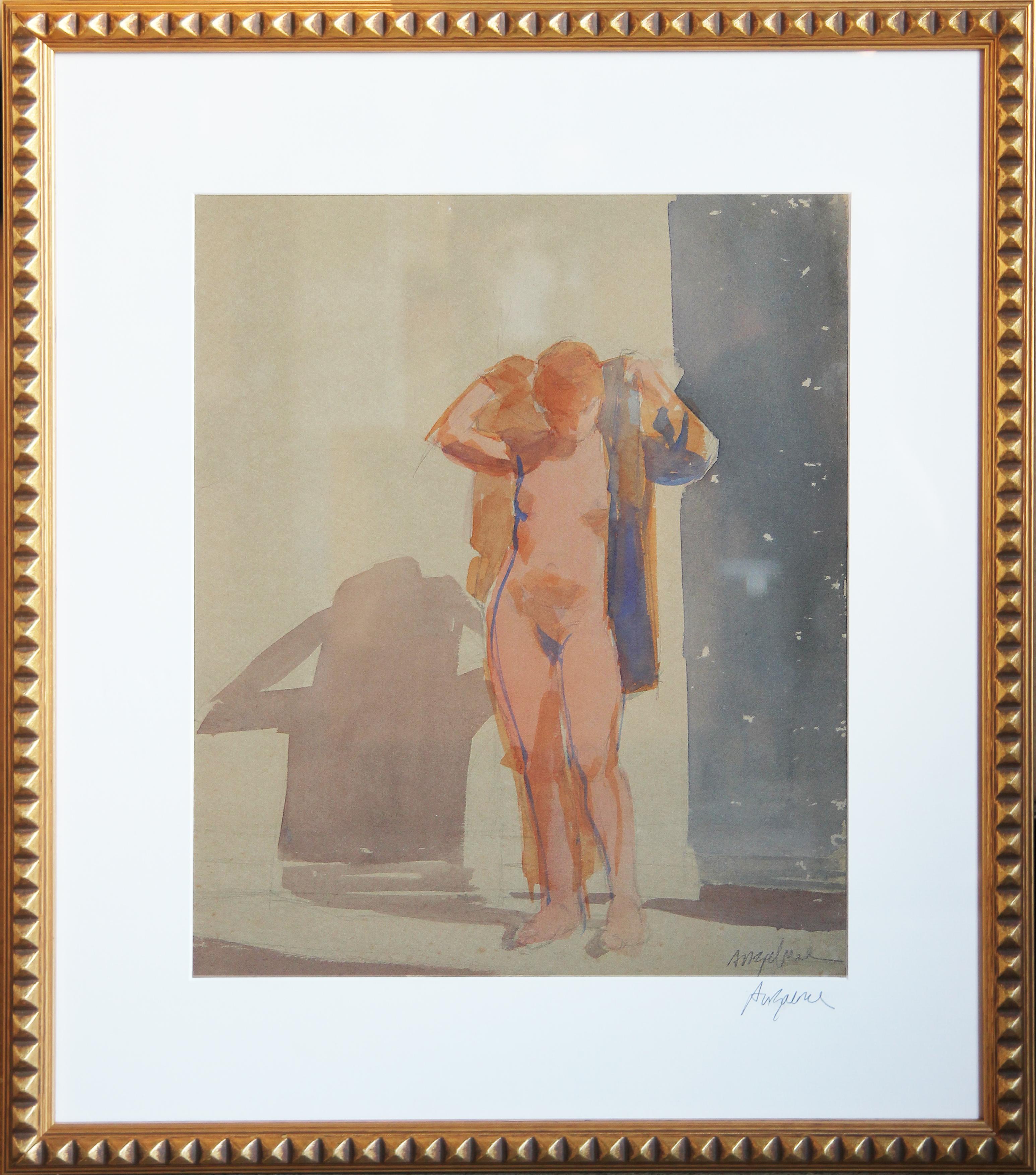 Peinture figurative abstraite nue à la gouache d'une femme aux cheveux rouges