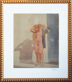 Abstract Figurative Nude Gouache Painting of Red Haired Female