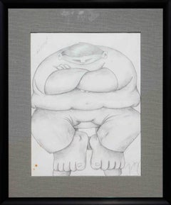Moderne abstrakte schwarz-weiße figurative Bleistiftzeichnungsstudie eines sitzenden Mannes