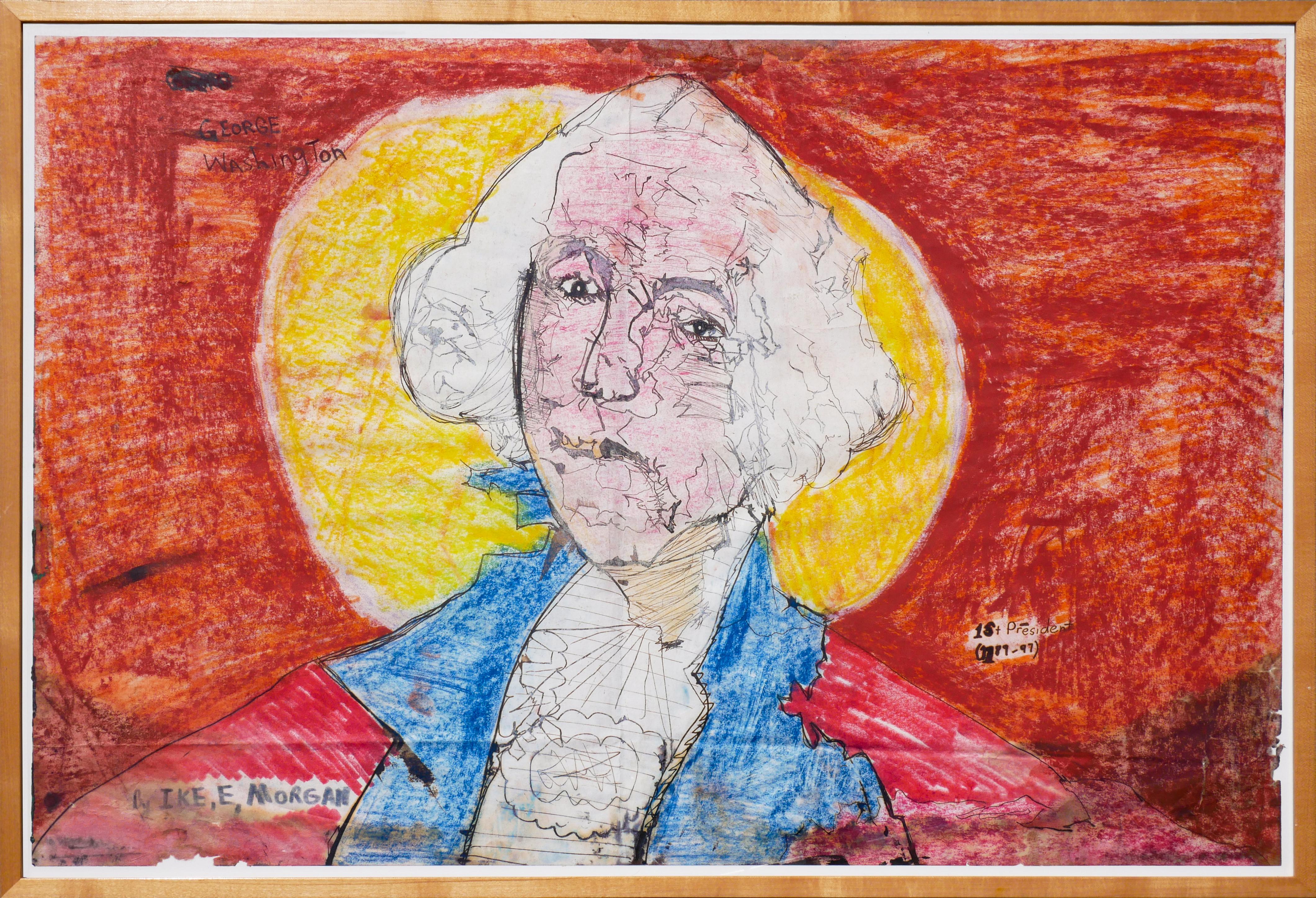 Portrait abstrait sans titre de George Washington orange, bleu et jaune - Art de Ike E. Morgan
