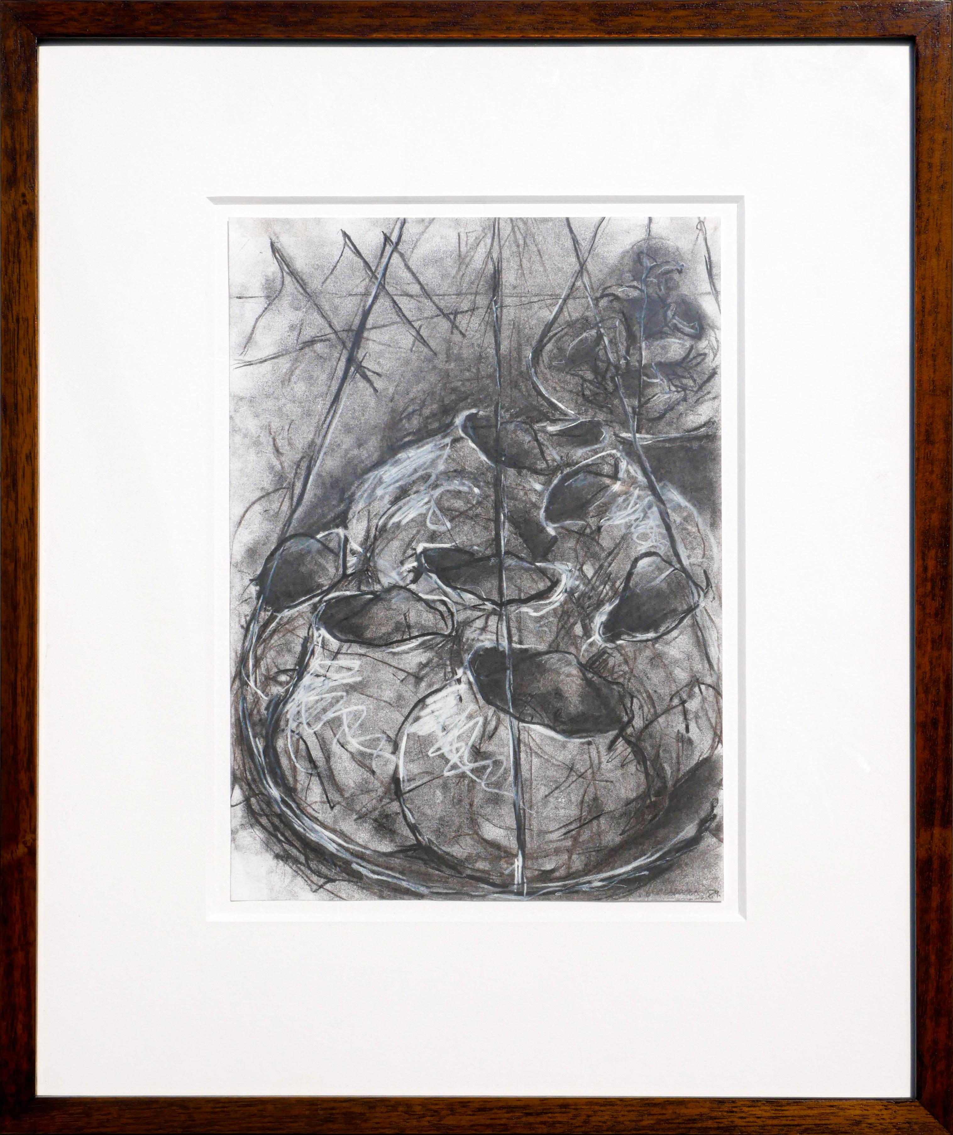 Janice Redman Abstract Drawing - Monochromatic Abstract Graphite Drawing of Large Pots 