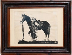 Black and White Abstract Figurative Drawing of a Cowboy with a Horse