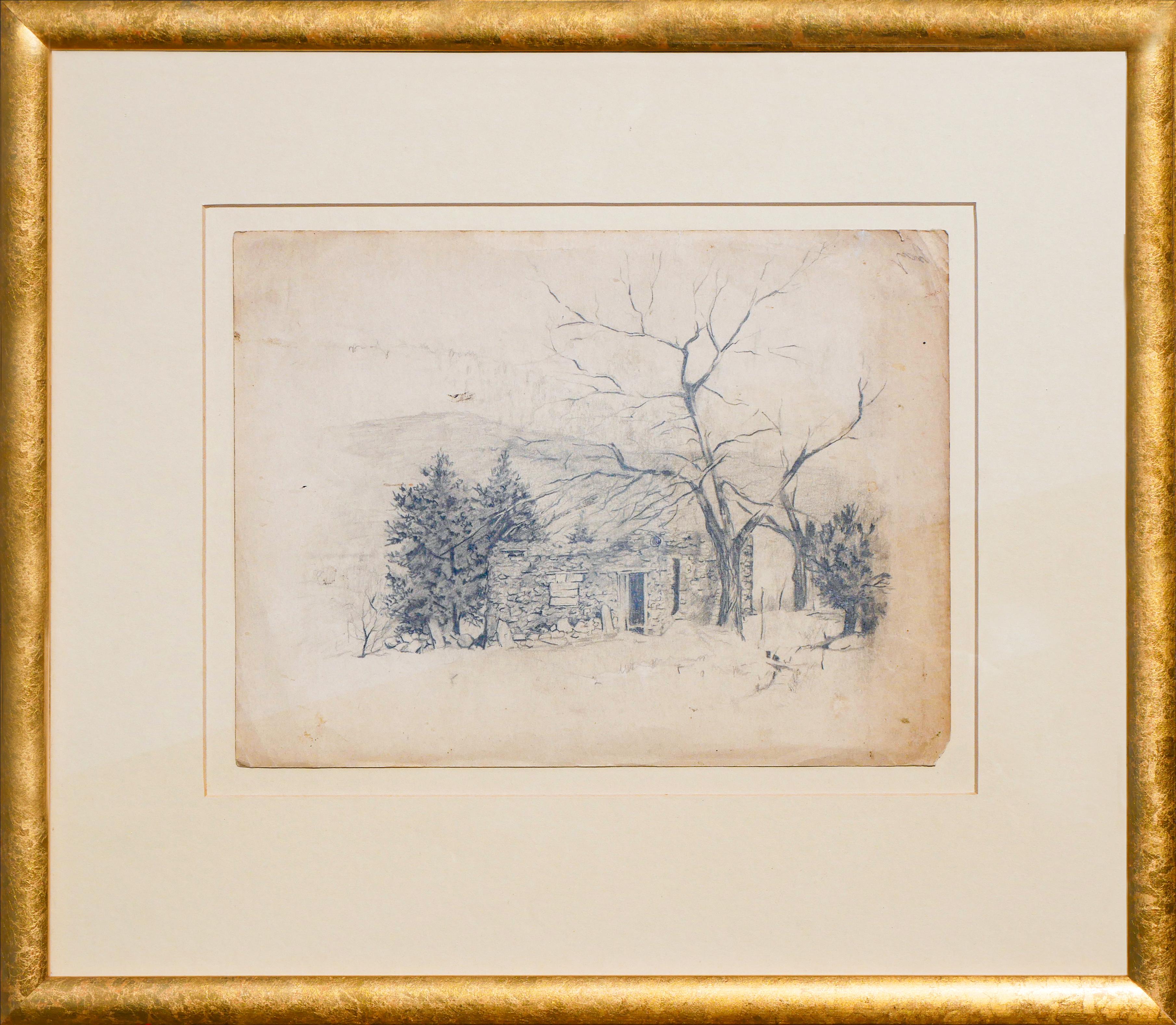 Landscape Art Madelyn Colby - Dessin au crayon d'un paysage naturaliste monochrome du Nouveau-Mexique avec arbres