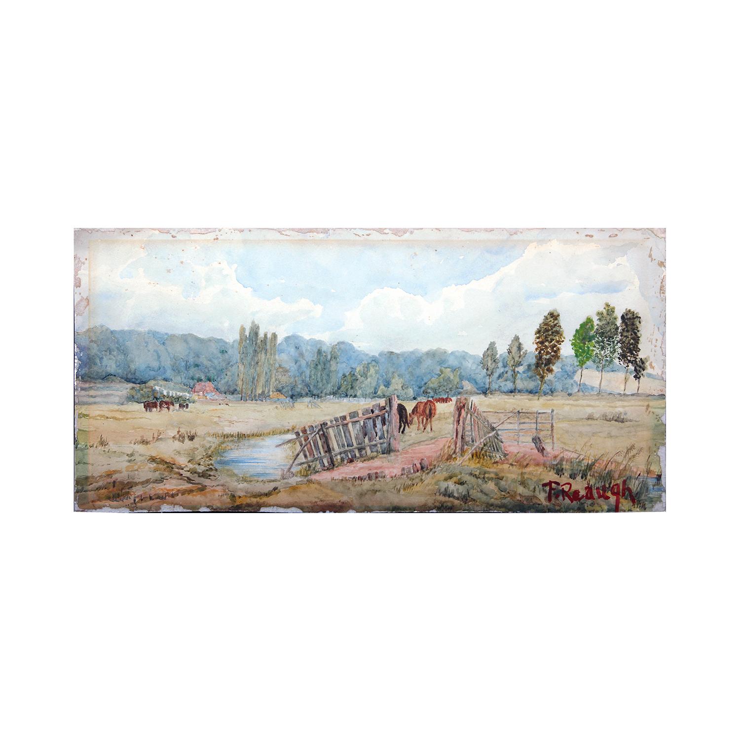 Texas Naturalistic Pastoral Farm Landschaft von Rindern und Pferden in einem Feld – Art von Frank Reaugh