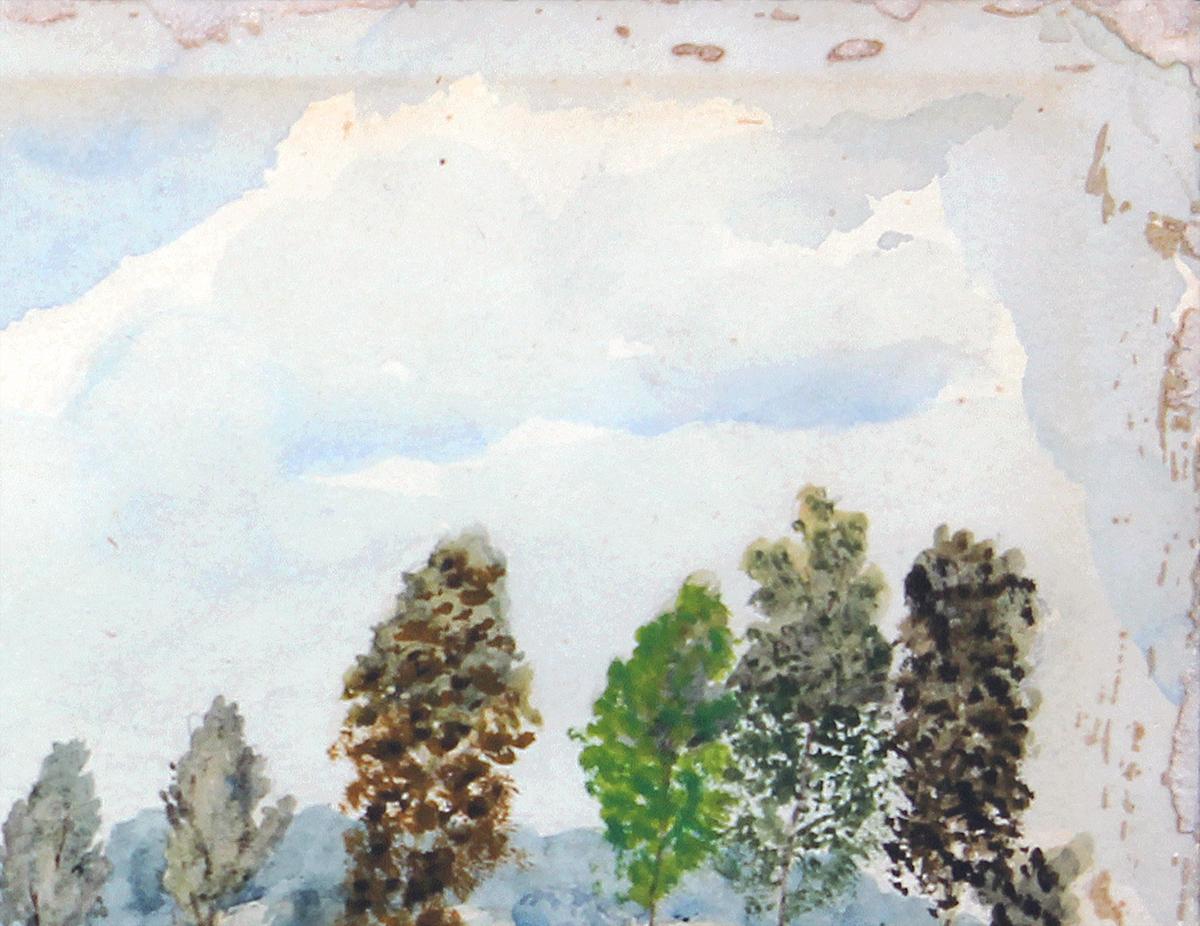 Texas Naturalistic Pastoral Farm Landschaft von Rindern und Pferden in einem Feld (Grau), Landscape Art, von Frank Reaugh