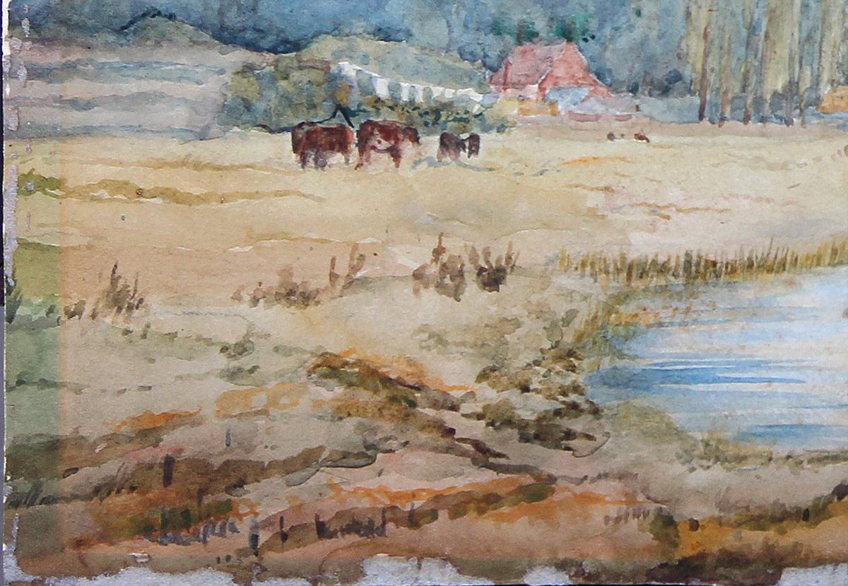 Texas naturalistischen Bauernhof Landschaft Aquarell Gemälde zugeschrieben Frank Reaugh. Dieses Werk:: das oft als 