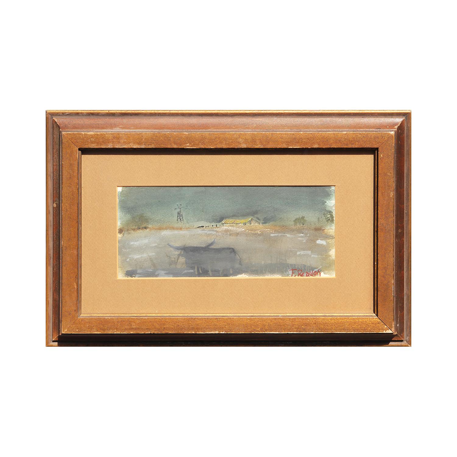 Texas Naturalistic Pastoral Farm Landschaft von Longhorn Rinder und Windmühle (Naturalismus), Art, von Frank Reaugh