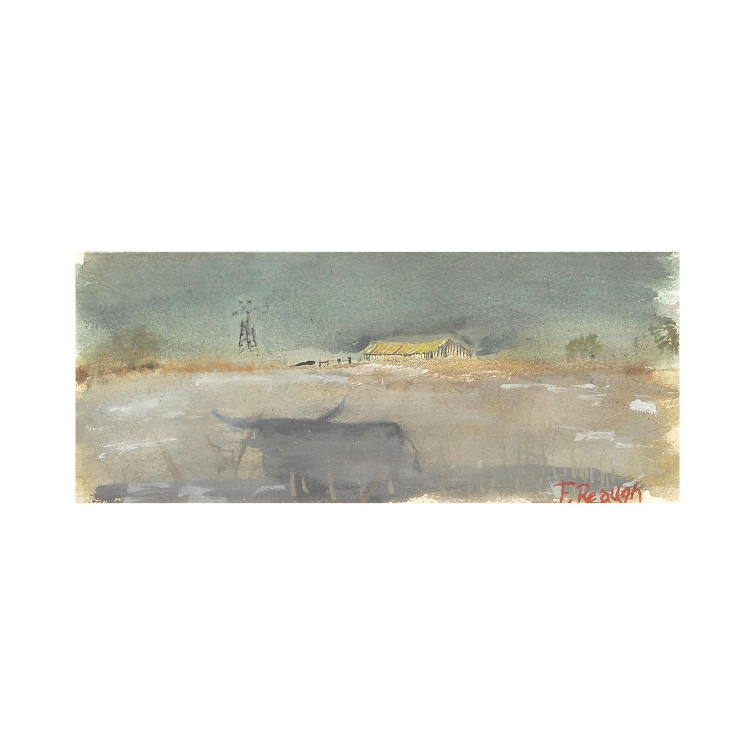Texas Naturalistic Pastoral Farm Landschaft von Longhorn Rinder und Windmühle – Art von Frank Reaugh