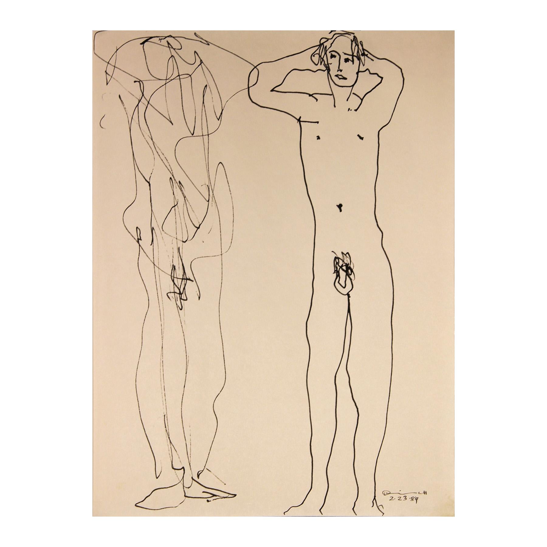 Modern abstract black ink line drawing of a pair of standing male nudes. The work features two figures, the left a loose rendering of the pose and the right a more refined version of the sketch. Signed and dated in front lower right corner.