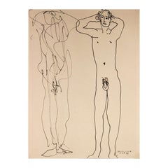 Modern Abstract Black Ink Line Drawing of a Pair of Standing Male Nudes